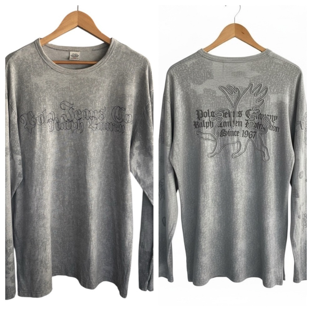 Polo Jeans Co Ralph Lauren Y2K Gray Long Sleeve Graphic Tee L Embroidered Lion